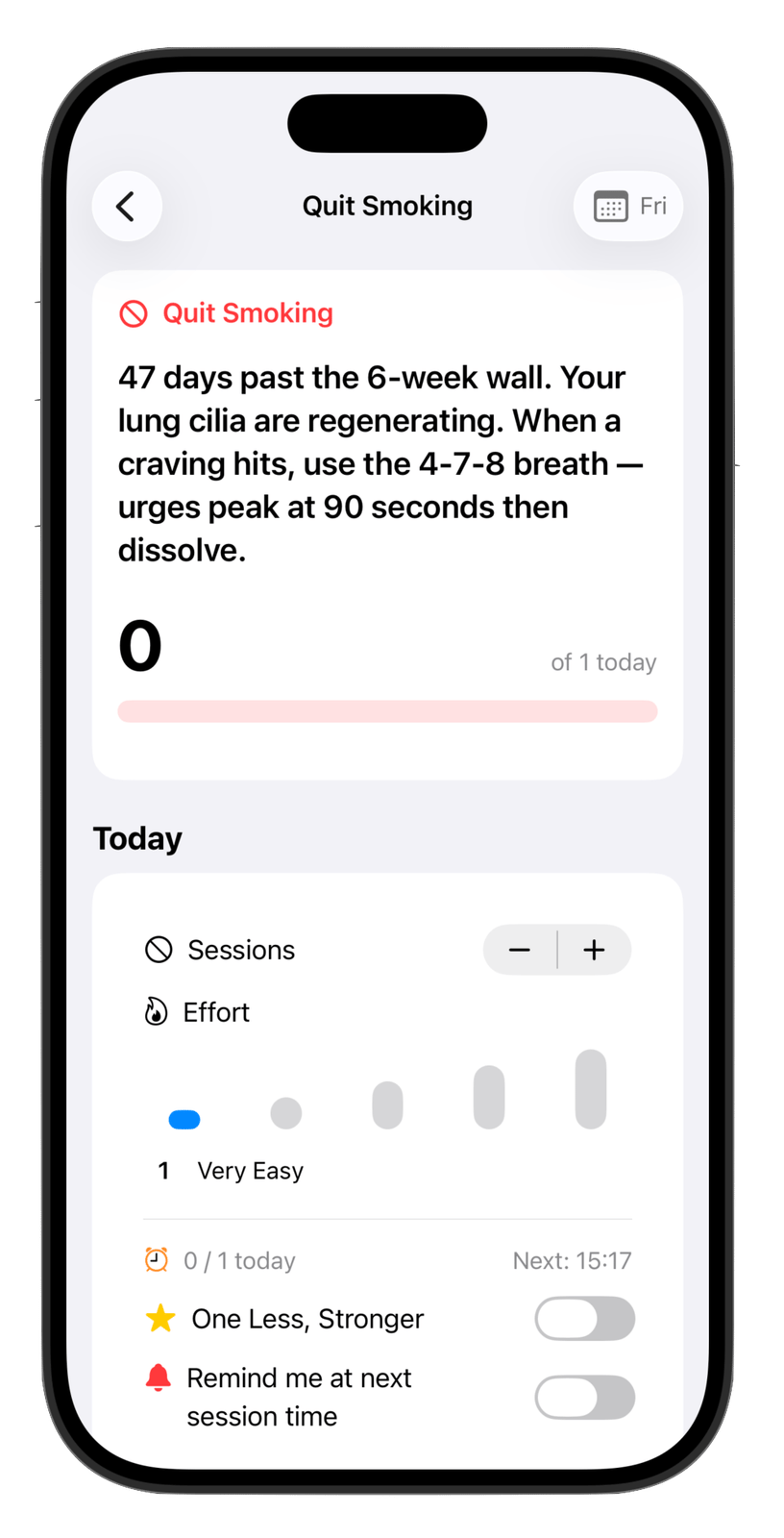 HobbyIt quit smoking screen with recovery coaching and effort tracking